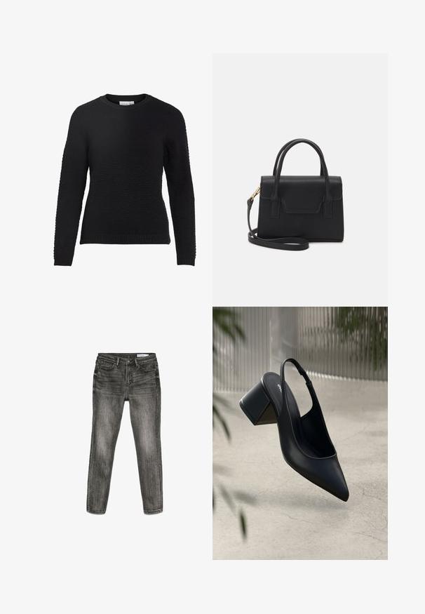 Schwarzer Strickpullover mit einem strukturierten Muster, Rundhalskragen und gerippten Bündchen und Saum. Lange Ärmel und eine taillierte Passform.; Schmal geschnittene, ausgewaschene schwarze Jeans aus Denim mit vorderen Taschen, Gürtelschlaufen und einem Knopfverschluss an der Taille.; Schwarze Leder-Slingback-Pumps mit spitzem Zehenbereich und Blockabsatz. Glatte Textur, minimalistisches Design und verstellbarer Knöchelriemen.; Schwarze strukturierte Handtasche aus Leder mit einem oberen Tragegriff, abnehmbarem Schulterriemen und einer Klappe auf der Vorderseite. Akzente in Goldmetall.