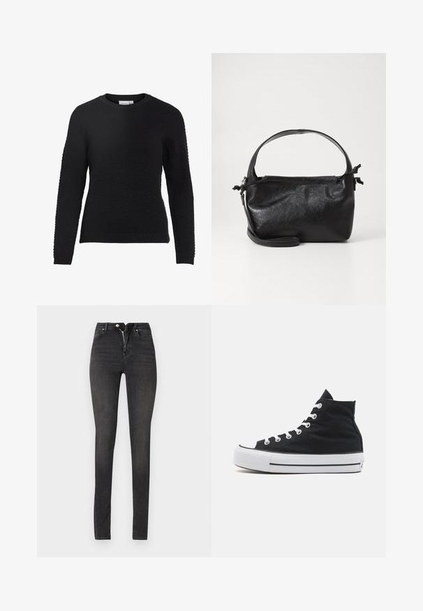Sort strikket sweater med et tekstureret mønster, rund halsudskæring og ribbede manchetter og kant. Lange ærmer og en tætsiddende design.; Sorte højtaljede skinny jeans lavet af denim, med lynlås, fem-lomme design og glat tekstur med let falmning.; Høje canvas sneakers i sort med hvid gummitå, hvide snørebånd og en struktureret sort overdel. Mellemsål i sort og hvid strib.; Sort læderhåndtaske med et struktureret design, rund tophåndtag og aftagelig skulderrem. Den har en glat tekstur og en subtil glans.