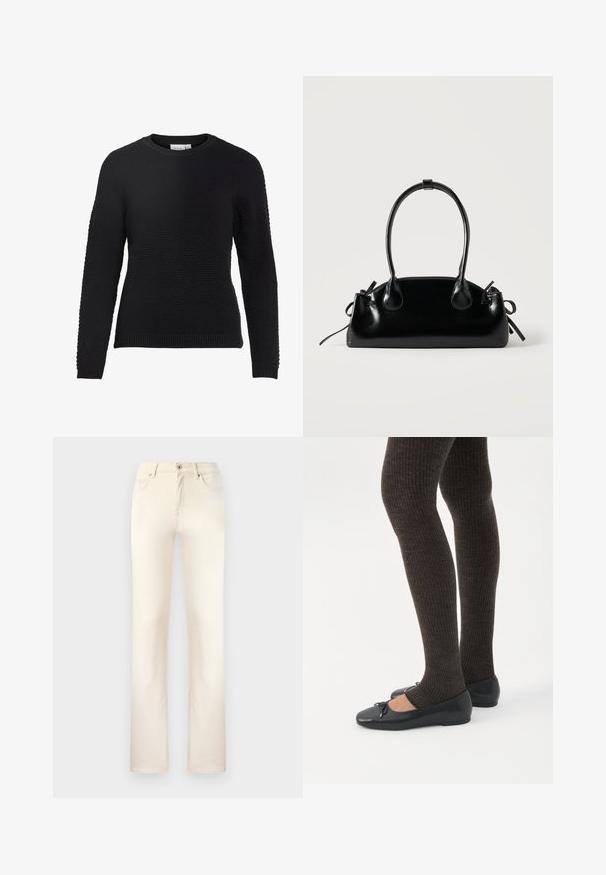 Schwarzer Strickpullover mit einem strukturierten Muster, Rundhalskragen und gerippten Bündchen und Saum. Lange Ärmel und eine taillierte Passform.; Beige Denim-Jeans im klassischen geraden Schnitt. Besitzt fünf Taschen, einen Reißverschluss und dezente Nähte entlang der Nähte.; Beine in dunklen, gerippten Leggings kombiniert mit schwarzen Ballerinas mit kleinen Schleifendetails auf weißem Hintergrund.; Kleine schwarze glänzende Handtasche mit zwei langen Griffen und seitlichen Kordelzug-Details vor einfachem hellem Hintergrund.