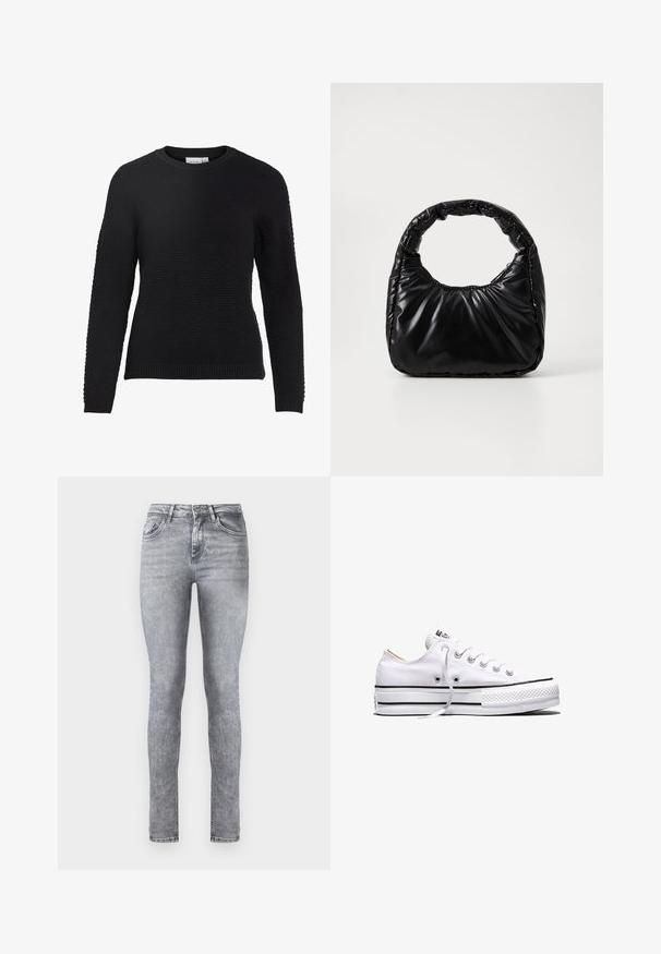Sort strikket sweater med et tekstureret mønster, rund halsudskæring og ribbede manchetter og kant. Lange ærmer og en tætsiddende design.; Grå denim skinny jeans med høj talje, fem lommer og subtil lysning over det hele. Har lynlås og knaplukning.; Hvid lavtop lærredssneakers med hvide snørebånd, sorte striber på sålen og gummieret tekstureret tåhætte, sidevendt på hvid baggrund.; Sort polstret håndtaske med et rundt håndtag, der har en glat, skinnende overflade og en blød, kviltet tekstur. Ingen synlige hardware eller accenter.