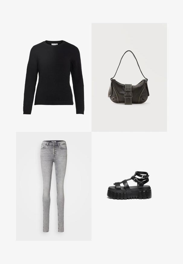 Pull en tricot noir avec un motif texturé, col rond, et poignets et ourlet côtelés. Manches longues et design ajusté.; Jean skinny gris clair en denim, avec une fermeture à cinq boutons, cinq poches et un léger délavage à l'avant.; Des sandales compensées noires présentent des sangles superposées et des accents de boucle, avec une semelle épaisse et texturée et un design de semelle intérieure lisse.; Sac à épaule en cuir noir avec une sangle à boucle, des bords arrondis et des coutures blanches contrastées sur un fond uni.