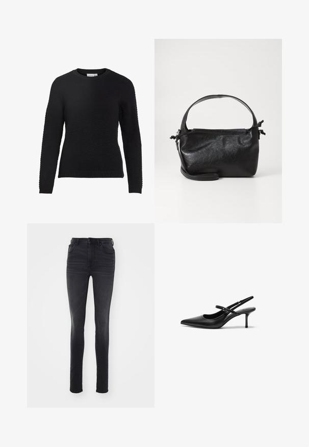 Pull en tricot noir avec un motif texturé, col rond, et poignets et ourlet côtelés. Manches longues et design ajusté.; Jeans noirs slim-fit en denim, avec une taille haute, un design à cinq poches, un léger délavage et une silhouette droite.; Talons aiguilles noires en cuir avec un bout pointu, une fine bride réglable, et un talon aiguille d'environ 5 cm, texture lisse.; Sac à main en cuir noir au design structuré, avec une poignée arrondie et une bandoulière amovible. Présente une texture lisse et un éclat subtil.
