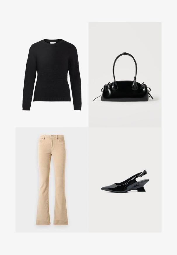 Pull en tricot noir avec un motif texturé, col rond, et poignets et ourlet côtelés. Manches longues et design ajusté.; Pantalons en velours côtelé beige évasés avec une finition texturée, deux poches avant, une fermeture éclair et un bouton en métal argenté.; Chaussure slingback en cuir verni noir avec bout pointu et petit talon bloc incliné sur fond clair uni.; Petit sac à main noir brillant avec deux longues anses et des détails à cordon sur les côtés sur un fond clair uni.