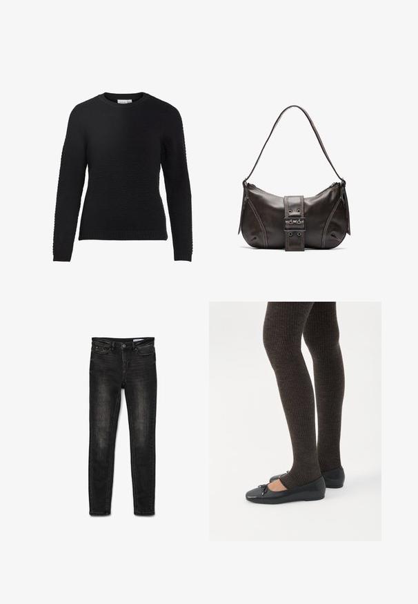 Sort strikket sweater med et tekstureret mønster, rund halsudskæring og ribbede manchetter og kant. Lange ærmer og en tætsiddende design.; Sorte denim skinny jeans med en mellemhøj talje, klassisk 5-lomme design, let falmning på hofterne og lukning med metalknap.; Ben iført mørke ribbede leggings kombineret med sorte balletsko med små sløjfedetaljer på hvid baggrund.; Brun læder skuldertaske med en buet form, der har et fremtrædende spænde, kontrasterende syninger og en enkelt skulderrem.