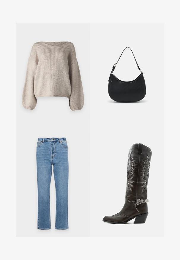 Beige strikket sweater med bred V-udskæring, lange ballonærmer og en cropped kant. Teksturen er chunky og blød, med et enkelt design.; Lyseblå denimjeans med lige ben, fem lomme-design, frontknaplukning og subtil falmning på stoffet.; Sort læder cowboystøvle med dekorative udskæringer, sølvspænde og skrå hæl, vist på hvid baggrund.; Sort hobo taske lavet af glat læder med en buet silhuet, der har en enkelt justerbar skulderrem og minimalistiske designdetaljer.