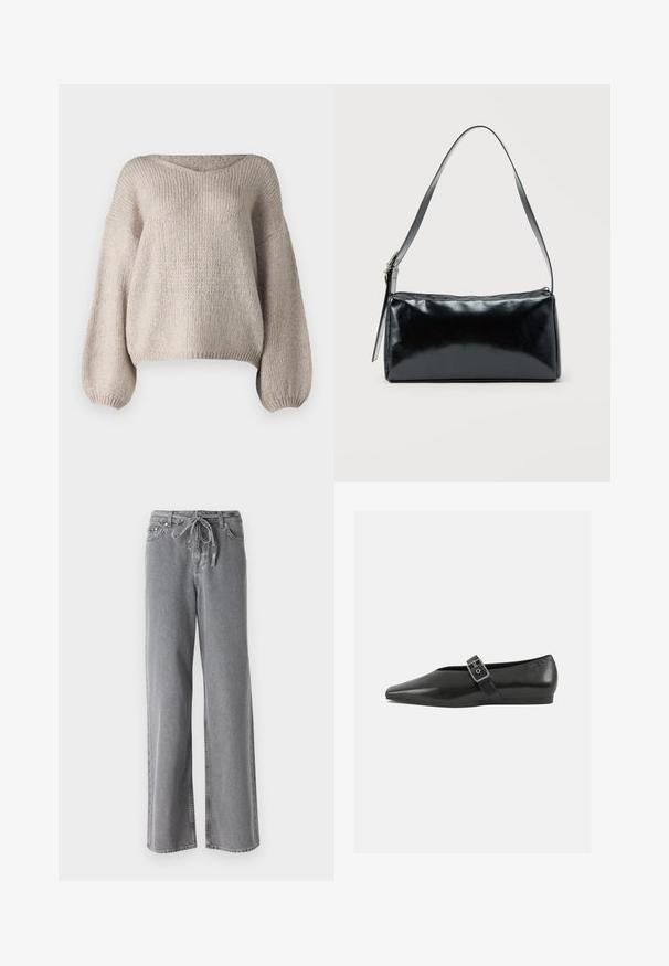 Pull en tricot beige avec un large col en V, des manches longues bouffantes et un ourlet court. La texture est épaisse et douce, avec un design simple.; Jean large gris en denim, doté d'une taille élastique avec cordon de serrage et de deux poches avant. La texture est douce, avec une finition légèrement délavée.; Chaussure plate en cuir noir avec un orteil pointu, présentant une sangle à boucle métallique sur le cou-de-pied et une semelle basse et flexible.; Sac d'épaule rectangulaire noir avec une sangle réglable unique et une fermeture éclair supérieure sur un fond uni.