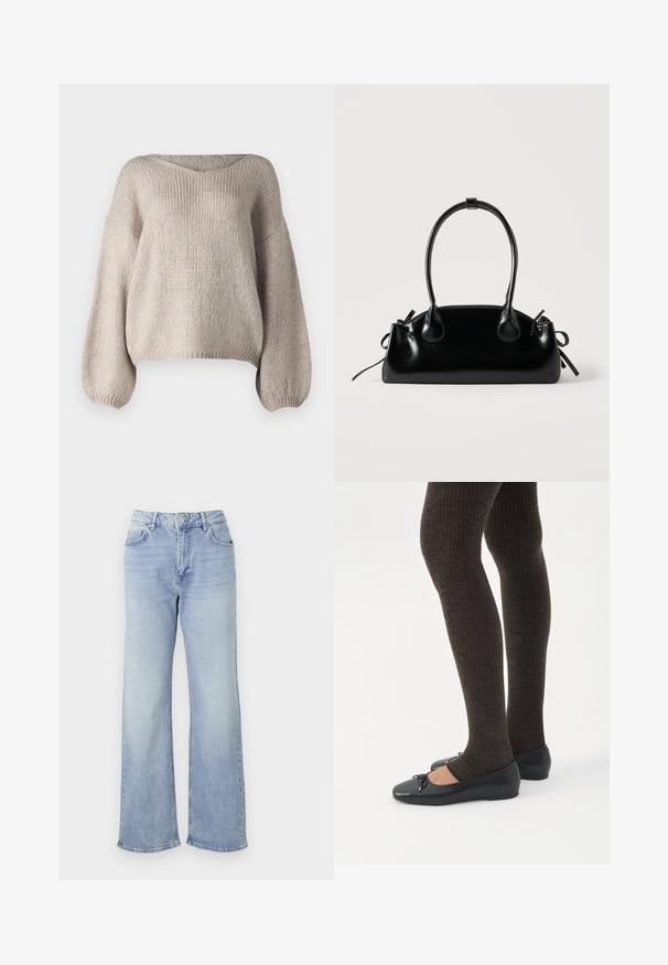 Beige strikket sweater med bred V-udskæring, lange ballonærmer og en cropped kant. Teksturen er chunky og blød, med et enkelt design.; Lyseblå vide jeans lavet af denim, med høj talje, fem lommer og en kant med subtilt slid.; Ben iført mørke ribbede leggings kombineret med sorte balletsko med små sløjfedetaljer på hvid baggrund.; Lille sort blank håndtaske med to lange håndtag og snøre-detaljer i siden på en ensfarvet lys baggrund.