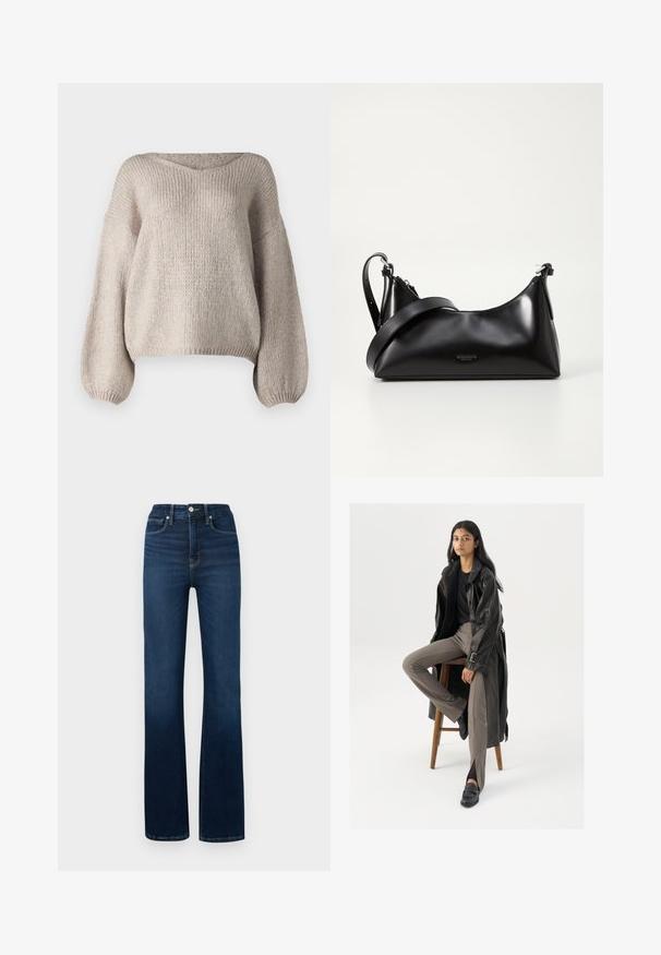 Beige strikket sweater med bred V-udskæring, lange ballonærmer og en cropped kant. Teksturen er chunky og blød, med et enkelt design.; Good American GOOD CLASSIC BOOT - Jeans Bootcut - indigo; Sort læder trench coat med knapper og bælte detalje, parret med lysebrune tætsiddende bukser og sorte loafers, siddende på en træstol.; Sort læderhåndtaske med en glat tekstur. Har en justerbar stropp og et enkelt, minimalistisk design med lynlås.
