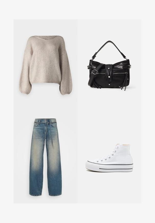Beige strikket sweater med bred V-udskæring, lange ballonærmer og en cropped kant. Teksturen er chunky og blød, med et enkelt design.; Lysblå bredbenede jeans med en lysvasket finish, som har en knap- og båndlukning samt et klassisk femlommers design.; Hvide høj-top sneakers lavet af kanvasmateriale, sort gummisål og kontrasterende sort stribe på mellemsålen. Rund tåhætte og snørebåndsdesign.; Even&Odd H24462 - Håndtasker - black
