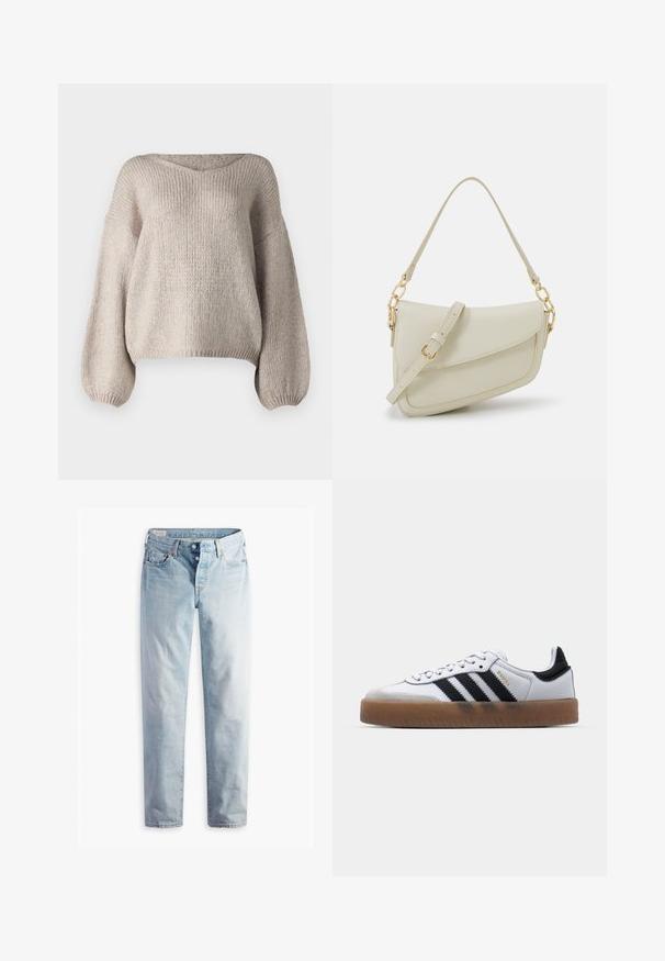 Beige strikket sweater med bred V-udskæring, lange ballonærmer og en cropped kant. Teksturen er chunky og blød, med et enkelt design.; Lyseblå denimjeans med lige ben, fem lommer og metal-knapper i en standard livvidde.; Hvide lædersneakers med sorte striber, gummirubber sål, rund tå, snørelukning og blød grå ruskinds tåhætte.; Lille cremehåndtaske med tekstureret overflade, en lang justerbar rem, en kædeaccent og flaplukning. Detaljer i guldhardware.