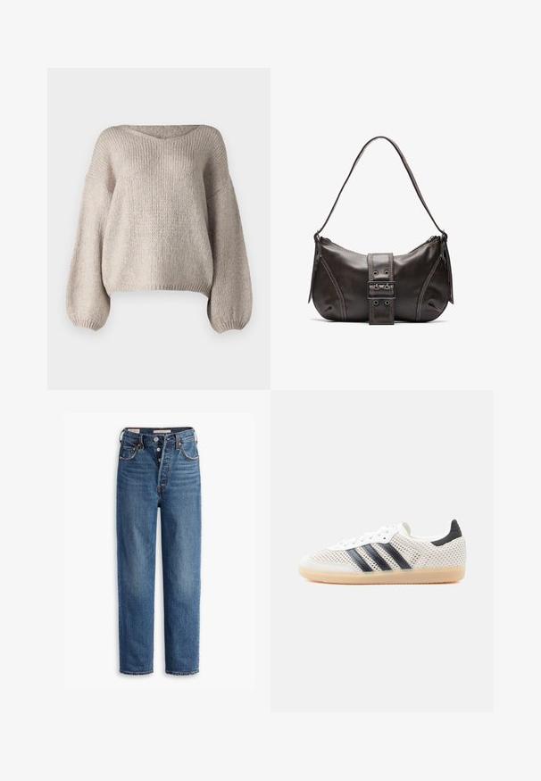 Beige strikket sweater med bred V-udskæring, lange ballonærmer og en cropped kant. Teksturen er chunky og blød, med et enkelt design.; Levi's® RIBCAGE STRAIGHT ANKLE - Jeans Straight Leg - valley view; Hvide mesh-sneakers med sort tre-stribet design, rundet tå og gummisål. Har blød hælkant og snørelukning.; Brun læder skuldertaske med en buet form, der har et fremtrædende spænde, kontrasterende syninger og en enkelt skulderrem.