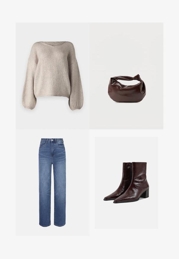 Beige gebreide trui met een brede V-hals, lange ballonmouwen en een cropped zoom. De textuur is chunky en zacht, met een eenvoudig ontwerp.; Lichtblauwe spijkerbroeken met een hoge taille, recht model, vijfzakkenstijl en subtiele vervagingen in de stof.; Glinsterende donkerbruine leren enkellaarzen met puntige neuzen, een zijrits en blokhakken op een effen lichtgrijze achtergrond.; Donkerbruine leren schoudertas met een zachte, slungelige vorm en een gedraaide knoopvormige handgreep op een effen witte achtergrond.