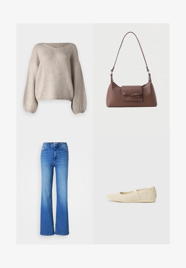 Beige gebreide trui met een brede V-hals, lange ballonmouwen en een cropped zoom. De textuur is chunky en zacht, met een eenvoudig ontwerp.; Blauwe spijkerbroek met hoge taille, uitlopende pijpen, voor- en achterzakken en een sluiting met knoop en rits.; Beige ballerina's met een gladde leren buitenkant, amandelvormige punt en elastische band over de wreef, met subtiele stiksels.; Bruine leren schoudertas met een voorvak met klep en een gestikte strikdetail en een verstelbare band.
