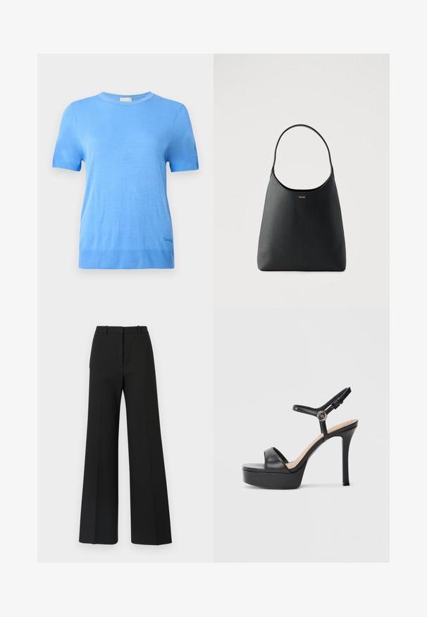 Calvin Klein Striktrøje - blue twilight; Sorte buks med vide ben og skræddersyet design, der har en glat tekstur og subtile plisseringer foran. Ingen synlige detaljer eller mønstre.; Sorte platformsandaler med høj stiletthæl, der har en glat læderoverdel, peep toe-design og en justerbar ankelrem med metalbeslag.; Sort læderhåndtaske med enkelt buet håndtag, glat tekstur og et diskret logo foran. Minimalistisk design og rummeligt indre.