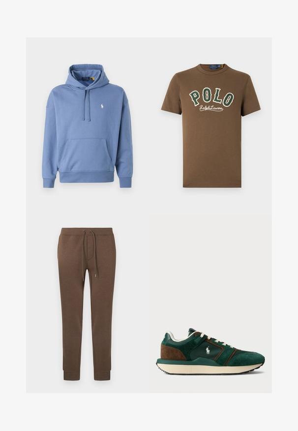Blauer Baumwollkapuzenpulli mit Kordelzug, Kängurutasche und gerippten Bündchen. Hat ein kleines weißes Logo auf der linken Brust. Einfaches Design.; Braunes T-Shirt mit kurzen Ärmeln, grünem und weißem "POLO Ralph Lauren"-Text auf der Vorderseite und kleinem weißen Polo-Spieler-Logo nahe dem unteren Saum.; Braune Jogginghose aus einem weichen, dehnbaren Material mit elastischem Bund, Kordelzug und gerippten Bündchen. Kleines Logo oben links.; Herren Sneaker aus dunkelgrünem und braunem Wildleder, mit Mesh-Einsätzen, weißen Schnürsenkeln und einer Gummisohle. Mit einem Logo an der Seite.