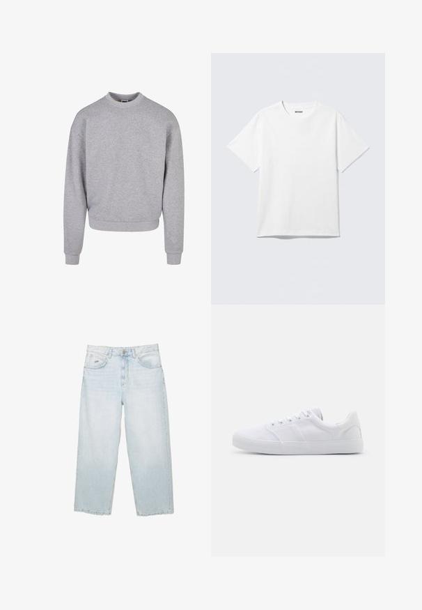Grå sweatshirt med rund hals, lange ærmer og ribbede manchetter. Lavet af et blødt, struktureret materiale med en afslappet pasform.; Hvid kortærmet crewneck T-shirt lagt fladt ud, ensfarvet design, med "WEEKDAY" mærkat inde i kraven på en lys baggrund.; Lysblå højtaljede straight-leg jeans med frontknap, lommer og lille mærket metalmærke på den højre forlommer.; Hvide lærreds sneakers med gummisål, der har seks snørehuller, en struktureret tåkap og et minimalistisk design.
