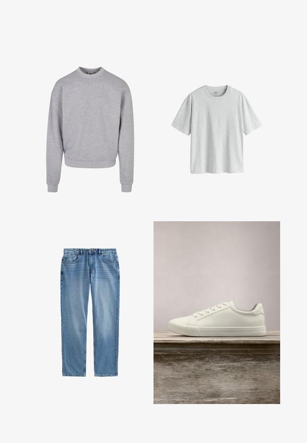 Grå sweatshirt med rund hals, lange ærmer og ribbede manchetter. Lavet af et blødt, struktureret materiale med en afslappet pasform.; Lysegrå T-shirt med korte ærmer lavet af et blødt, glat stof med rund hals og løs pasform. Ingen synlige mønstre eller grafik.; Lyseblå denimjeans med lige ben, fem-lomme design, synlig syning og lynlås. Ingen slid eller mønstre.; Hvide snørresneakers svævende over en træbænk med grønne planter i baggrunden, der fremhæver skodesign og tekstur.