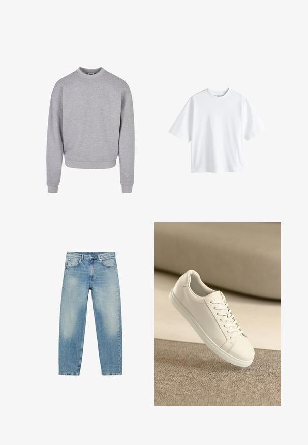 Grå sweatshirt med rund hals, lange ærmer og ribbede manchetter. Lavet af et blødt, struktureret materiale med en afslappet pasform.; Next BOXY FIT - HEAVYWEIGHT T-SHIRT . - T-shirts basic - white; Blå straight-leg denim jeans med forlommer og bæltestropper, der viser let falmede detaljer på lår og knæ.; Hvide lædersneakers med hvide snørebånd, præsenteret på en beige tekstureret overflade og med en blødt uskarp baggrund.