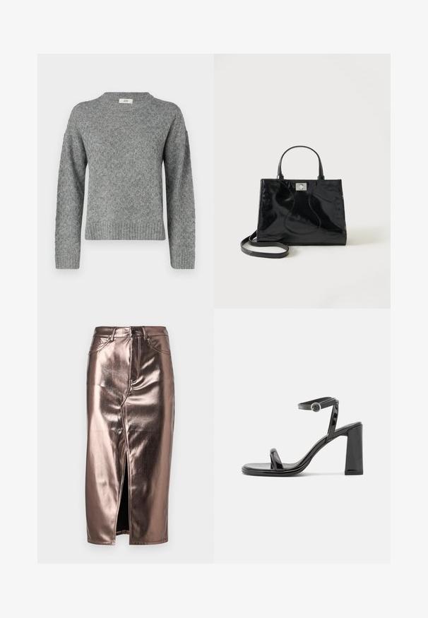 JDY Knitted JDYBIGUM Knitted - Pullover - medium grey; Jupe midi en bronze métallisé avec une fente sur le devant, à la coupe en denim classique, cinq poches et un fermeture à bouton à la taille.; Call it Spring Sandales - black; Sac à main en cuir verni noir avec poignées arrondies, bandoulière détachable et fermeture à boucle argentée sur fond blanc uni.