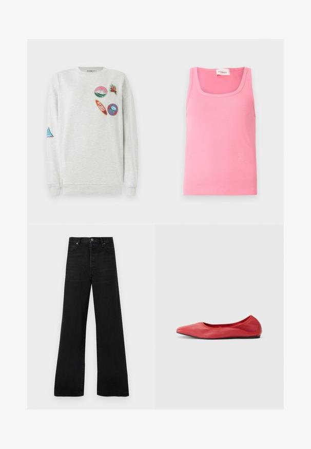 Lichtgrijze sweatshirt met een ronde hals, voorzien van vijf kleurrijke geborduurde patches van verschillende vormen en ontwerpen op de voorkant en de mouw.; Roze geribbelde tanktop met een ronde halslijn, smalle schouderbandjes en een klein logo in een lichtere tint aan de onderzijde.; Zwart wijd uitlopende jeans van denim, met een hoge taille, een ontwerp met vijf zakken, en een knoopsluiting, met een licht vervaagde textuur.; Filippa K REY FLATS - Ballerina's - bright red