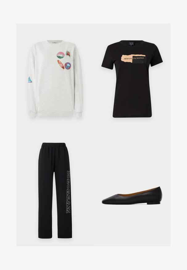 Hele halli kapuutsiga sweatshirt, millel on ümar kaelus ja esiküljel ning varrukal on viis värvilist tikitud pääsukest erinevate kuju ja disainidega.; Must musta t-särk, mis on valmistatud puuvillast, millel on graafiline disain "ARMANI EXCHANGE" heleda persika värviga ja mustade tekstuursete aktsentidega. Tavaline lõige.; Mustad dressipüksid elastse vöökohaga ja valge täpilise tekstiga „DREAM“, mis jookseb vertikaalselt parema jala küljes lihtsa tausta ees.; Mustast nahast terava ninaga madala kontsaga tasasel tallal king, nähtud küljelt helehallil taustal.
