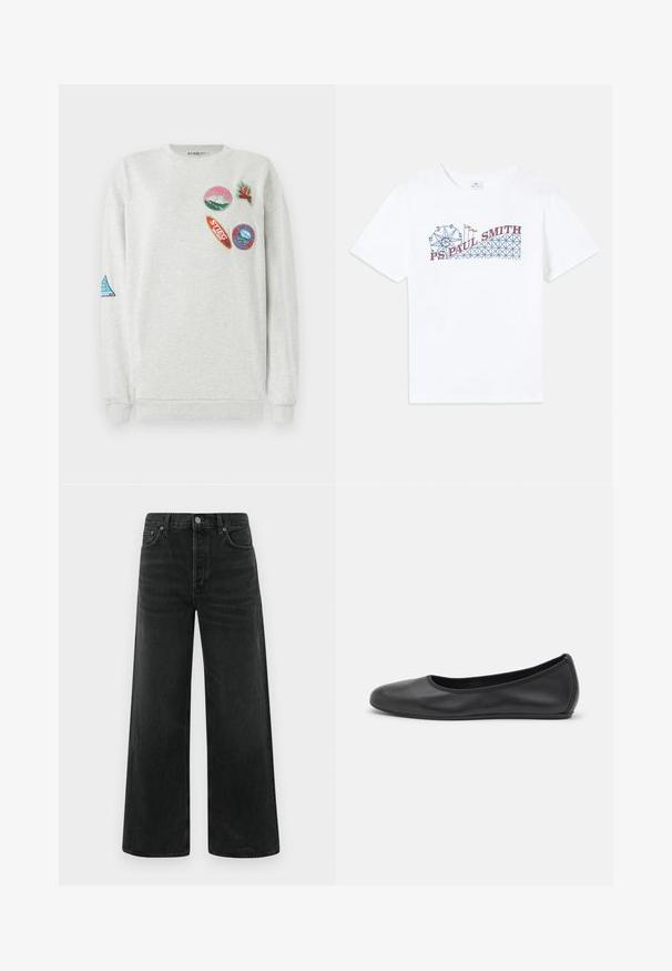 Sweatshirt gris clair à col rond, ornée de cinq patches brodés colorés de différentes formes et designs sur le devant et la manche.; T-shirt en coton blanc avec un graphique coloré d'une grande roue et d'une montagne russe, avec le texte "PS Paul Smith" en rouge et bleu.; Jean en denim noir à jambes larges, taille haute, poches avant et fermeture classique par bouton. Le tissu présente une finition lisse avec une légère texture.; Ballerines en cuir noir avec un bout rond, texture lisse, détails de couture minimalistes et design de semelle flexible.