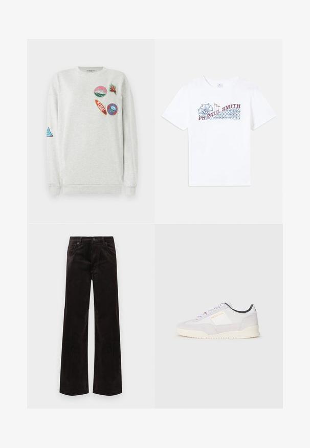 Hellgrau Sweatshirt mit Rundhalsausschnitt, das fünf bunte bestickte Aufnäher in verschiedenen Formen und Designs auf der Vorderseite und dem Ärmel zeigt.; Weißes Baumwoll-T-Shirt mit einem bunten Grafikdesign eines Riesenrads und einer Achterbahn sowie dem Schriftzug "PS Paul Smith" in Rot und Blau.; Schwarze Cordhosen mit weitem Bein und hoher Taille, ausgestattet mit zwei vorderen Taschen und einem Knopfverschluss. Glatte Textur mit vertikalen Rillen.; Paul Smith DOVER - Sneaker low - white