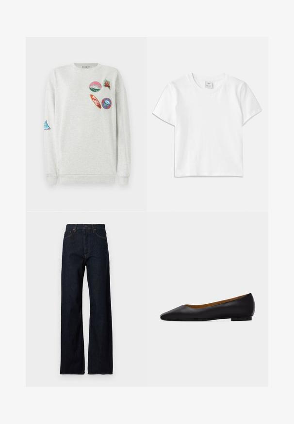 Sweatshirt gris clair à col rond, ornée de cinq patches brodés colorés de différentes formes et designs sur le devant et la manche.; T-shirt en coton blanc avec un col rond, des manches courtes et un ourlet droit. Étiquette marquée "Won Hundred" au centre de l'encolure.; Jean en denim bleu foncé à taille haute, coupe droite, style cinq poches, avec des coutures contrastées sur les coutures.; Chaussure plate en cuir noir à bout pointu avec talon bas et finition lisse, vue de côté sur un fond gris clair.
