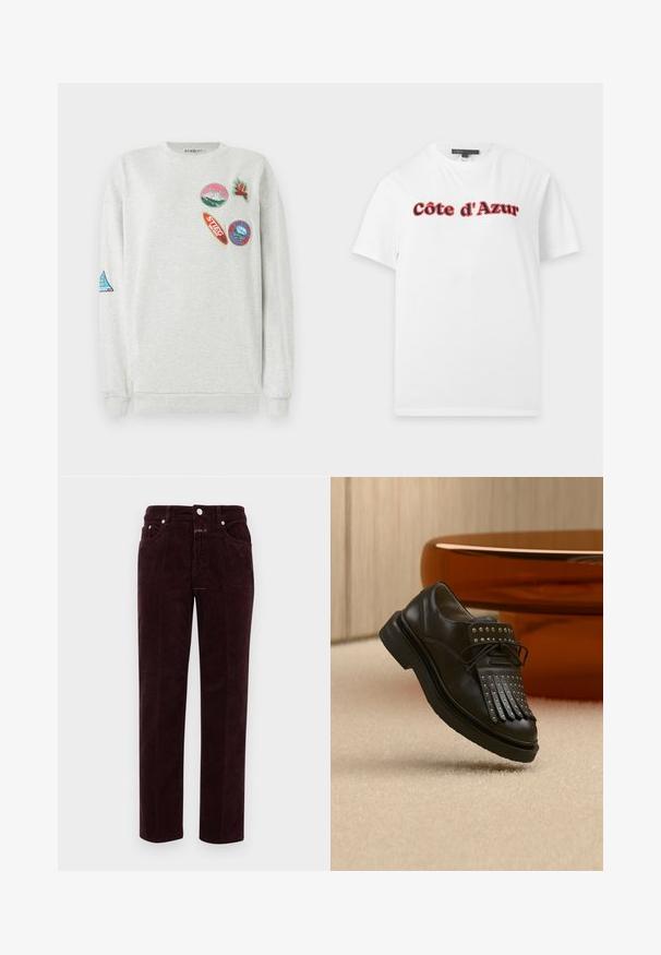 Hellgrau Sweatshirt mit Rundhalsausschnitt, das fünf bunte bestickte Aufnäher in verschiedenen Formen und Designs auf der Vorderseite und dem Ärmel zeigt.; Weißes T-Shirt mit kurzen Ärmeln und dem Schriftzug „Côte d'Azur“ in roter und schwarzer fetter Schrift quer über der Brust, auf einfachem Hintergrund dargestellt.; Burgunderfarbene Cordhosen mit geradem Schnitt, ausgestattet mit Fronttaschen und silbernen Metallbeschlägen. Der Stoff hat eine gerippte Textur.; Schwarzer Leder-Schnürschuh mit dekorativer Fransen und Metallnieten auf beigem Teppich neben braunen Möbeln.