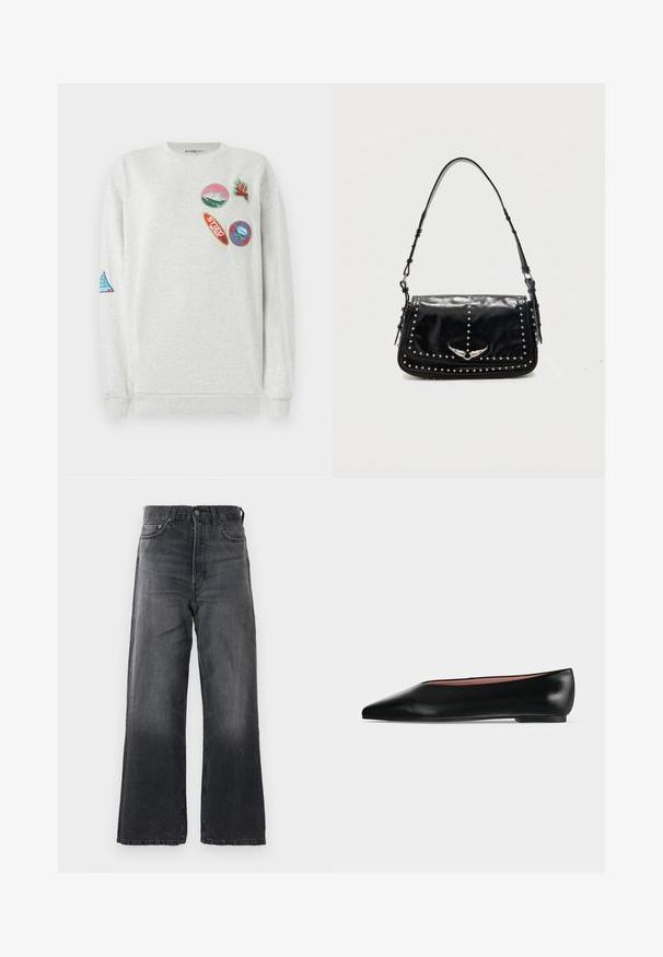 Hellgrau Sweatshirt mit Rundhalsausschnitt, das fünf bunte bestickte Aufnäher in verschiedenen Formen und Designs auf der Vorderseite und dem Ärmel zeigt.; Dunkelgraue weit geschnittene Jeans aus Denim mit hoher Taille, Fronttaschen und einem klassischen Knopfverschluss. Zarte Ausbleichungen sind sichtbar.; Schwarzer flacher Damenleder-Schuh mit spitzer Kappe und niedrigem Absatz, von der Seite auf einfarbigem hellgrauem Hintergrund gezeigt.; Schwarze Leder-Schultertasche mit silbernen Nieten und geflügeltem Metall-Emblem auf der Frontklappe vor einfarbigem Hintergrund.