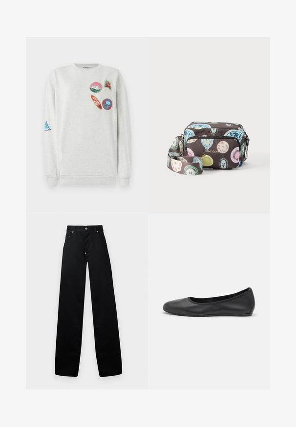 Lys grå sweatshirt med rund hals, der har fem farverige broderede lapper i forskellige former og designs på fronten og ærmet.; Sorte vidde bukser lavet af bomuld, med lynlås i gylpen, to frontlommer og et klassisk fem-lomme design med metalhardware detaljer.; Sort læderballetsko med rund tå, glat tekstur, minimal syning og et fleksibelt såldesign.; Crossbody taske med farverige ovale mønstre på mørk baggrund, front-lynlåslomme og justerbar rem, mærket "STINE GOYA" med guld bogstaver.