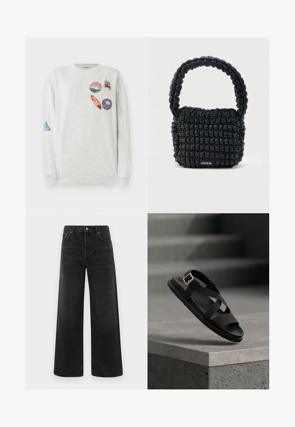 Sudadera gris claro con cuello redondo, que presenta cinco parches bordados de colores de varias formas y diseños en la parte delantera y en las mangas.; Vaqueros negros de denim de pierna ancha con cintura alta, bolsillos delanteros y un cierre clásico de botón. La tela tiene un acabado liso y ligeramente texturizado.; Sandalia negra con tiras cruzadas y hebilla dorada, colocada en el borde de una superficie de concreto con escalones grises de fondo.; Bolso pequeño negro acolchado con asa corta acolchada y etiqueta "HUGO" en el frente, exhibido sobre un fondo claro y liso.