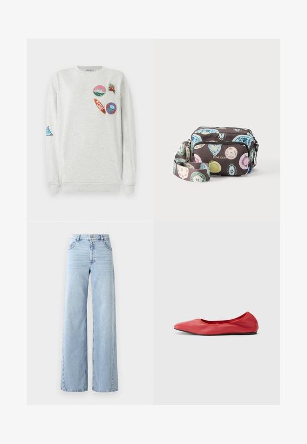 Sweatshirt gris clair à col rond, ornée de cinq patches brodés colorés de différentes formes et designs sur le devant et la manche.; Jean en denim léger bleu clair à jambes larges avec taille haute, cinq poches et texture décolorée. Présente des détails cousus et une coupe droite à l'ourlet.; Filippa K REY FLATS - Ballerines - bright red; Sac bandoulière avec motifs ovales colorés sur fond sombre, poche avant zippée et bandoulière réglable, marqué "STINE GOYA" en lettres dorées.