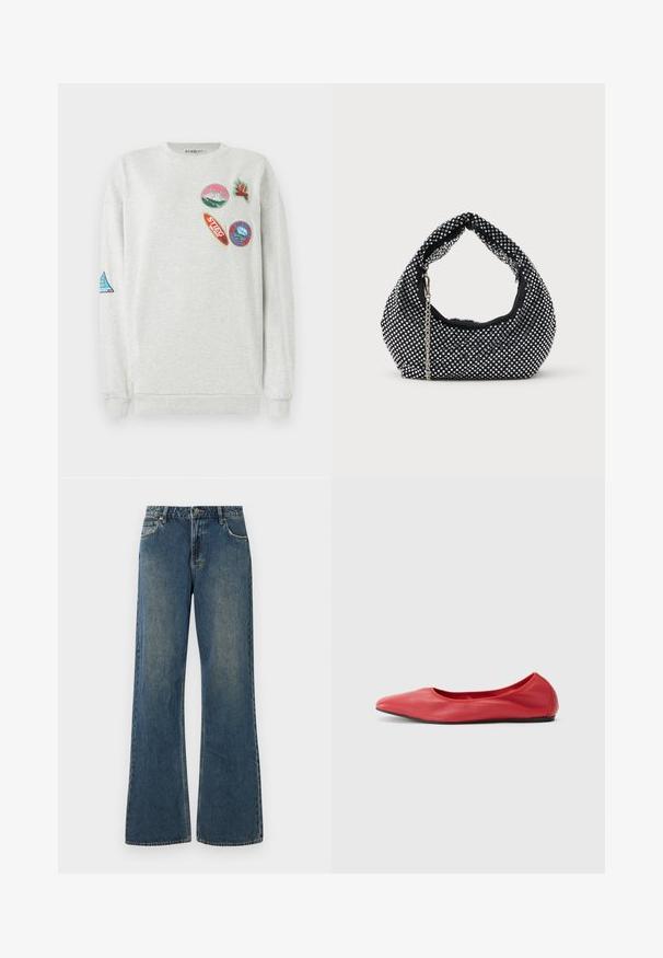 Lichtgrijze sweatshirt met een ronde hals, voorzien van vijf kleurrijke geborduurde patches van verschillende vormen en ontwerpen op de voorkant en de mouw.; Wijdvallende denim jeans in medium blauw met een vervaagde afwerking. Voorzien van vijf zakken, riemlussen en een metalen knoopsluiting. Katoenen stof.; Filippa K REY FLATS - Ballerina's - bright red; Zwarte mesh handtas versierd met zilveren studs, met een gebogen handvat en een kettingschouderriem. Zachte textuur met een ronde vorm.