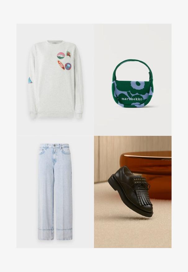 Sweatshirt gris clair à col rond, ornée de cinq patches brodés colorés de différentes formes et designs sur le devant et la manche.; Pantalon en denim bleu clair à jambes larges avec une taille haute. Comprend une fermeture à bouton et à zip, des poches avant et un détail d'ourlet brut.; Chaussure en cuir noire à lacets avec franges décoratives et clous métalliques posée sur un tapis beige près d'un meuble marron.; Petit sac à main en tissu à motifs floraux verts et violet clair avec une seule poignée et le texte "marimekko" sur le devant.