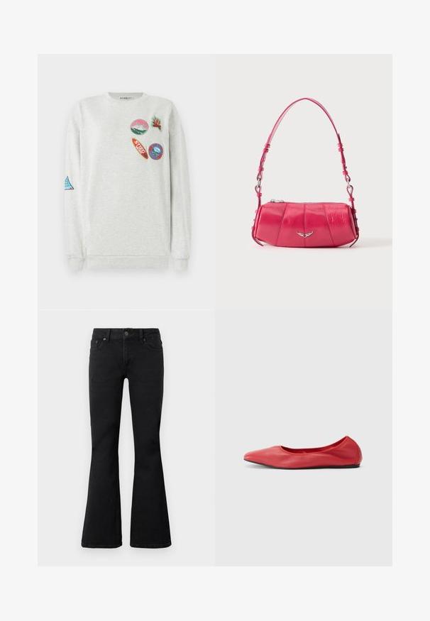 Hellgrau Sweatshirt mit Rundhalsausschnitt, das fünf bunte bestickte Aufnäher in verschiedenen Formen und Designs auf der Vorderseite und dem Ärmel zeigt.; Schwarze High-Waist-Jeans mit vorderer Knopf- und Reißverschlussverschluss, zwei vorderen Taschen und weitem Bein, flach auf weißem Hintergrund ausgelegt.; Filippa K REY FLATS - Klassischer Ballerina - bright red; Kleine glänzende rosa Leder-Schultertasche mit silbernem Flügel-Emblem und verstellbarem Riemen, Reißverschluss oben, auf weißem Hintergrund präsentiert.