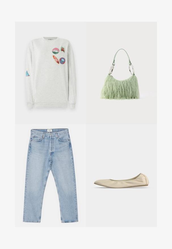 Lys grå sweatshirt med rund hals, der har fem farverige broderede lapper i forskellige former og designs på fronten og ærmet.; Lysblå denimjeans med en klassisk lige skåret ben, fem lommer og knaplukning, der har en subtil falmet effekt og en robust tekstur.; Beige blødt læder balletsko med rundet tå, lavt snit i siden og tynd gummisål på en ensartet hvid baggrund.; Grøn håndtaske i imiteret pels med afrundet form, der har et glat mintgrønt håndtag og sølvfarvede, cirkulære hardware-detaljer.