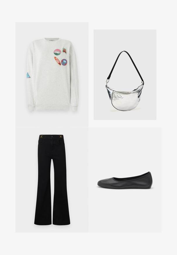 Lys grå sweatshirt med rund hals, der har fem farverige broderede lapper i forskellige former og designs på fronten og ærmet.; Sorte viddejeans med høj talje, fem lommer, guldfarvede detaljer og blød denimbeklædning.; Sort læderballetsko med rund tå, glat tekstur, minimal syning og et fleksibelt såldesign.; Sølvfarvet metallisk skuldertaske i halvmåneform med sort justerbar rem og lynlås lukning på ensartet lys baggrund.