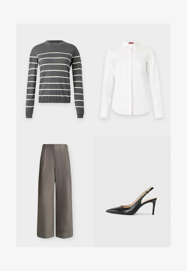 Pull gris à manches longues et col rond. Présente des rayures blanches horizontales. Texture douce, poignets et ceinture côtelés.; Chemise blanche à manches longues en coton lisse. Présente un col pointu et une patte de boutonnage avant avec une texture subtile et une coupe cintrée.; Pantalon taille haute à jambes larges couleur vert olive avec poches plaquées à l’avant et fermeture boutonnée à la taille.; Escarpins en cuir noir avec une pointe fine, une bride ajustable et un talon aiguille élégant, présentant une finition lisse.