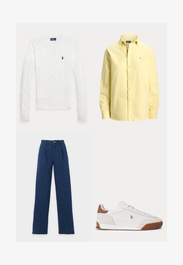 Pull blanc à manches longues en maille torsadée avec col rond et petit logo Polo Ralph Lauren bleu marine sur le côté gauche de la poitrine.; Chemise jaune à manches longues avec boutons, col et petit logo brodé sur la poitrine gauche.; Pantalon droit bleu marine avec plis, passants de ceinture, fermeture par bouton et braguette zippée sur un fond uni clair.; Baskets basses blanches avec des accents en daim marron au talon et à l’orteil, des lacets blancs et un petit logo brodé marron sur le côté.