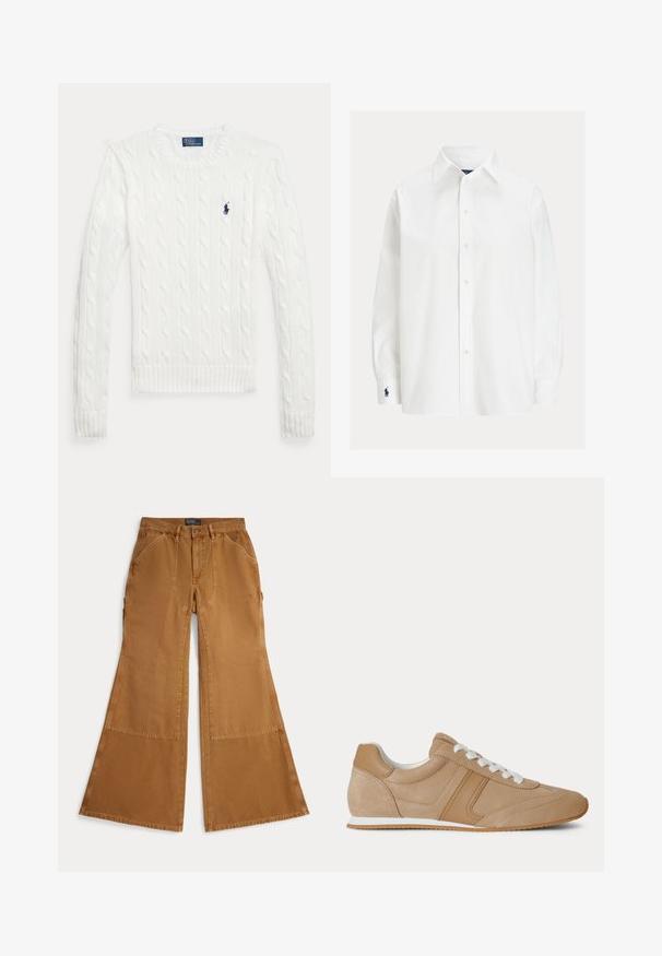 Pull blanc à manches longues en maille torsadée avec col rond et petit logo Polo Ralph Lauren bleu marine sur le côté gauche de la poitrine.; Chemise blanche à manches longues boutonnée avec col pointu et logo bleu marine brodé sur le poignet gauche.; Pantalon marron à jambes larges en coton avec détails en patch, fermeture à boutons et poches avant inclinées. Texture lisse, design décontracté.; Baskets basses en suède et cuir marron clair avec lacets blancs et semelle en caoutchouc blanc vues de profil sur fond blanc.