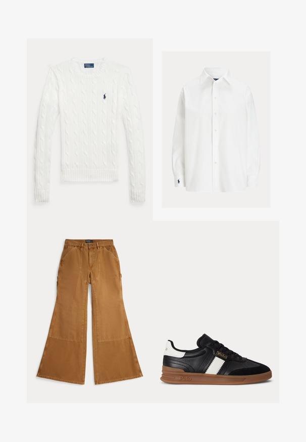 Pull blanc à manches longues en maille torsadée avec col rond et petit logo Polo Ralph Lauren bleu marine sur le côté gauche de la poitrine.; Chemise blanche à manches longues boutonnée avec col pointu et logo bleu marine brodé sur le poignet gauche.; Pantalon marron à jambes larges en coton avec détails en patch, fermeture à boutons et poches avant inclinées. Texture lisse, design décontracté.; Baskets en cuir noir avec une bande blanche, semelle en caoutchouc marron et logo Polo sur le côté et le talon, vues de l'extérieur.