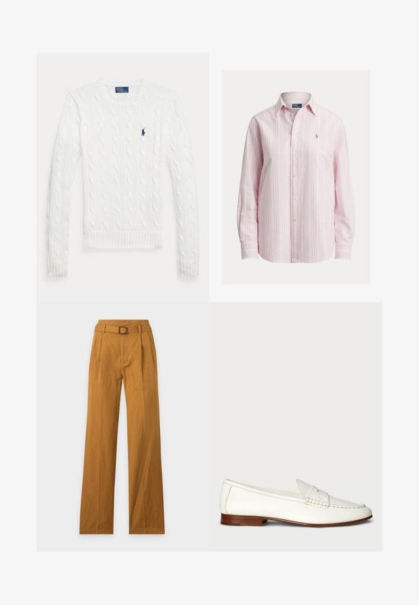 Witte kabelgebreide trui met lange mouwen, een ronde hals en een klein marineblauw Polo Ralph Lauren-logo op de linkerborst.; Hemden met lange mouwen in lichtroze met witte en blauwe strepen, voorzien van een klein geborduurd logo op de borst, gemaakt van katoenen stof.; High waist wijde mosterdbruine broek met voorplooien en een bijpassende riem met een rechthoekige metalen gesp.; Witte leren instappers met een getextureerde afwerking, ronde neus en geweven accent. Lage houten hak en minimalistisch ontwerp.
