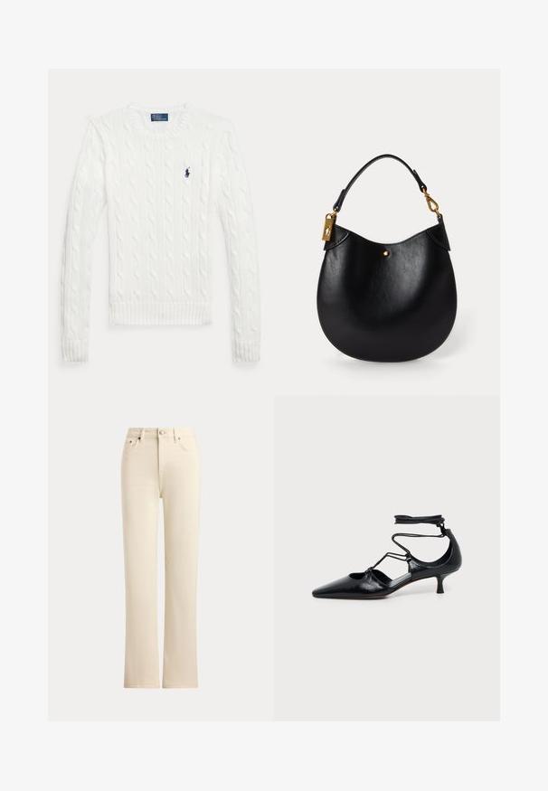 Pull blanc à manches longues en maille torsadée avec col rond et petit logo Polo Ralph Lauren bleu marine sur le côté gauche de la poitrine.; Jean droit couleur crème avec fermeture par boutons à l'avant et style cinq poches sur un fond uni.; Chaussure noire à bout pointu et talon kitten avec brides autour de la cheville et détails découpés sur les côtés, présentée sur un fond uni clair.; Sac à main en cuir noir de forme arrondie, avec une courte poignée, des accents en or et un subtil point doré à l'avant. Texture lisse.
