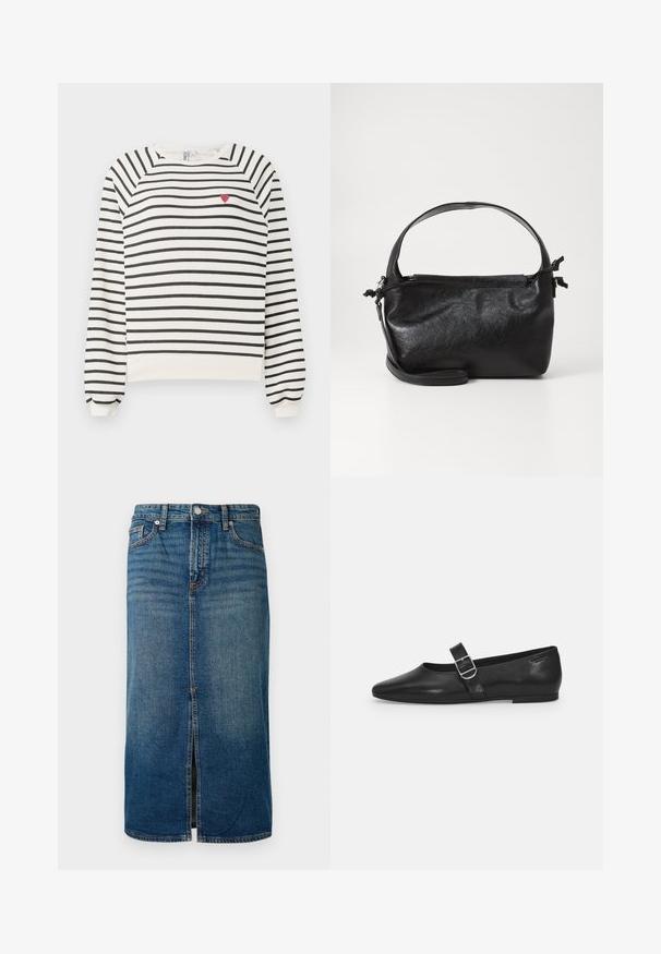 Stribet sweatshirt i off-white og sort med raglanærmer, rund halsudskæring og lille rød hjertebroderi på brystet. Blødt stof.; Mørkeblå denim midi-skjørt med en frontslids, fem lommer og kontrastsyning. Har en knap- og lynlåslukning i taljen.; Sorte læder flade sko med rund tå, et enkelt justerbart spænde og en glat, blank overflade. Minimalistisk design med en lav hæl.; Sort læderhåndtaske med et struktureret design, rund tophåndtag og aftagelig skulderrem. Den har en glat tekstur og en subtil glans.