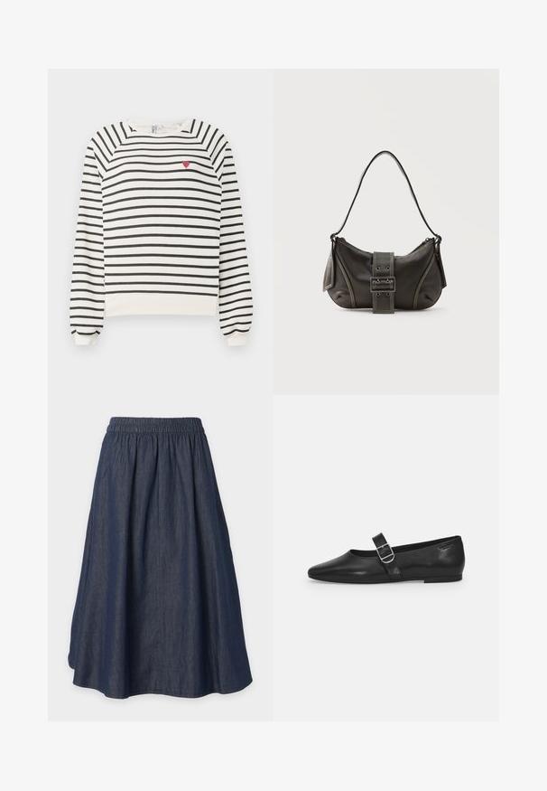 Sweatshirt rayé en blanc cassé et noir avec des manches raglan, un col rond et une petite broderie en forme de cœur rouge sur la poitrine. Tissu doux.; Jupe bleu foncé longueur genou avec une taille élastique et un design évasé et froncé.; Chaussure plate en cuir noir avec un bout arrondi, une seule sangle réglable à boucle et une texture lisse et brillante. Design minimaliste avec un petit talon.; Sac à épaule en cuir noir avec une sangle à boucle, des bords arrondis et des coutures blanches contrastées sur un fond uni.