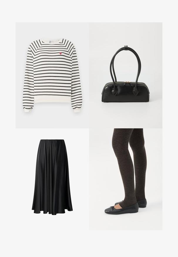 Sudadera rayada en blanco y negro con mangas raglán, escote redondo y pequeño bordado de un corazón rojo en el pecho. Tejido suave.; Falda maxi negra de tejido suave, con una cinturilla elástica, silueta amplia y un dobladillo fluido sin patrones o detalles visibles.; Piernas con leggings oscuros acanalados combinados con bailarinas negras que presentan pequeños detalles de lazo sobre un fondo blanco.; Bolso de mano de cuero negro con dos asas alargadas, cierre de cremallera y forma redondeada; textura suave con un acabado ligeramente brillante.