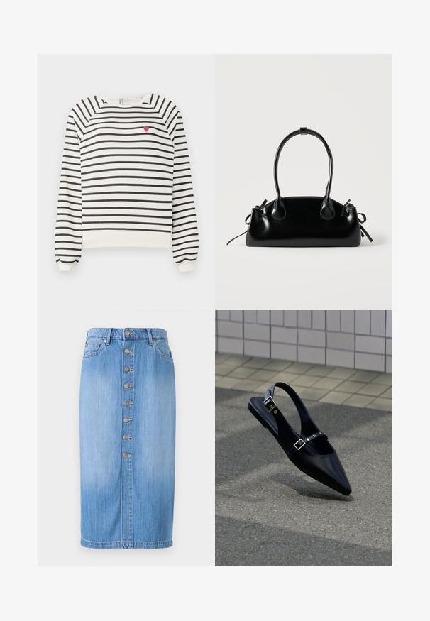 Ribašvetser off-white ja musta värviga, raglanvarrukatega, ümmarguse kaelusega ning väikese punase südame tikandiga rinnal. Pehme kangas.; Sinine teksaskangas midi seelik sirge lõikega, esipoolse nööbiga kinnituse, viie tasku ja tuhmunud pesuga tekstuuri jaoks.; Mustad terava ninaga madalad slingback-tossud topeltpandlatega, mis on asetatud hallile asfaldile plaatseina taustal.; Väike must läikiv käekott kahe pika sangaga ja külgedel paelakinnitustega, ühel lihtsal helel taustal.