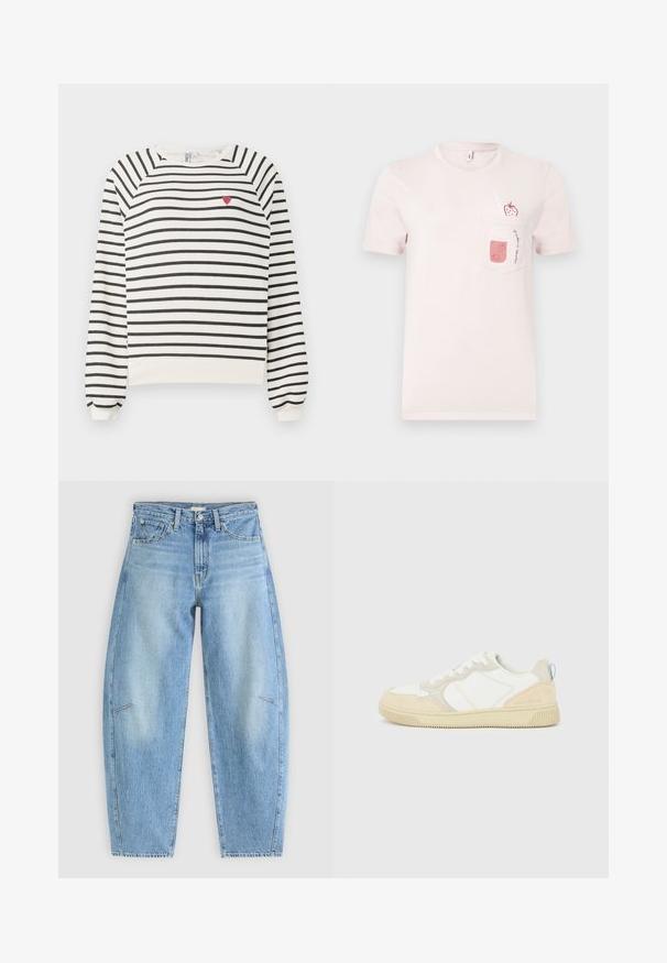 Pruhovaná mikina v off-white a čiernej farbe s raglánovými rukávmi, okrúhlym výstrihom a malou výšivkou červenej srdiečka na hrudi. Mäkká látka.; Svetloružové tričko s krátkym rukávom a predným vreckom, na ktorom je dizajn pohára jahodového smoothie a jahody s slamkou.; Svetlomodré džínsy s uvoľneným strihom, s vysokým pásom, rovnými nohavicami a nenápadnými švami na predných vreckách.; Biele a béžové tenisky s nubukovým a textilným zvrškom, s kontrastným prešívaním, gumovou podrážkou a svetlo modrým detailom na päte.