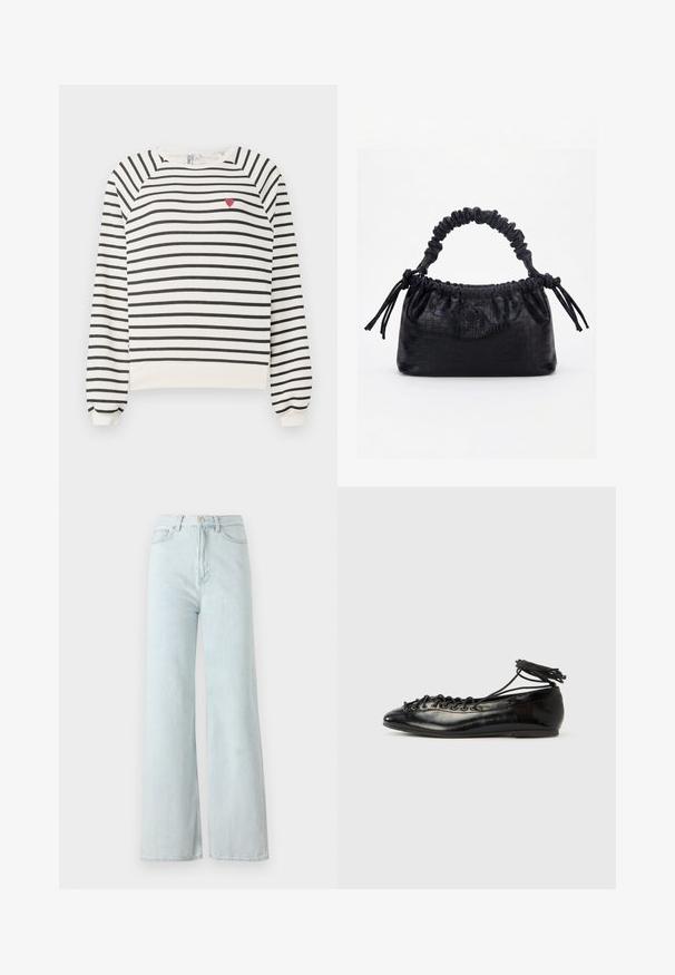 Gestreifter Pullover in Off-White und Schwarz mit Raglanärmeln, Rundhalsausschnitt und einer kleinen roten Herzstickerei auf der Brust. Weicher Stoff.; Helle blaue, weit geschnittene Jeans mit hoher Taille, hergestellt aus Denim-Stoff. Verfügt über einen Knopf- und Reißverschluss sowie Fronttaschen.; Schwarze Ballerinas aus Lackleder mit runder Spitze, Schnürdesign und flacher Sohle. Glatte Textur mit minimaler Verzierung.; Schwarze Handtasche mit Krokodilstruktur, gerafftem oberen Rand, zusammengezogenem Griff und Zugkordeln mit Quasten an jeder Seite vor weißem Hintergrund.